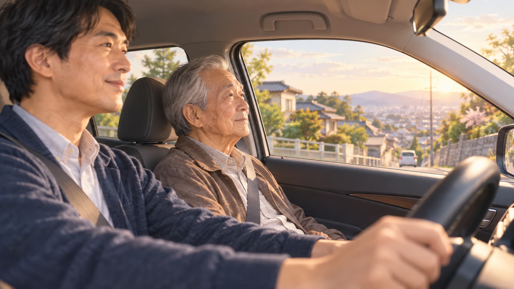 夕暮れの車内